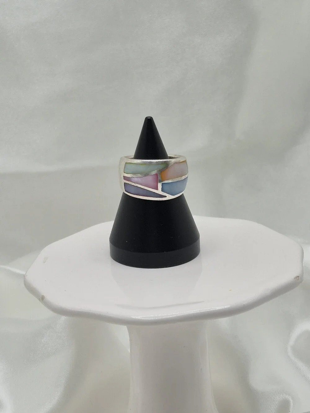 Sterling Silver Multicolor Pastel Mother Of Pearl (MOP) Inlay Band Ring Mosaic